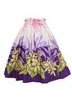 Anuenue (Pau) Plumeria & Palm Leaf Border Purple & Beige Poly Cotton Single Pau Skirt / 3 Bands