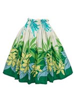 Anuenue (Pau) Plumeria & Palm Leaf Border Green & Cream Poly Cotton Single Pau Skirt / 3 Bands