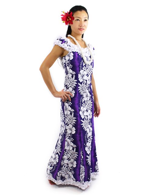 Royal Hawaiian Creations Hibiscus Fern Panel Purple Poly Cotton Hibiscus Fern Panel Purple Poly Cotton Hawaiian Nahenahe Ruffle Long Muumuu Dress - Royal Hawaiian Creations Hibiscus Fern Panel Purple Poly Cotton