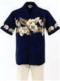 Pacific Legend Hibiscus Navy Cotton Men&#39;s Border Hawaiian Shirt
