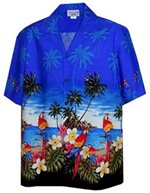Pacific Legend Parrot  Blue Cotton Men's Border Hawaiian Shirt