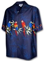 Pacific Legend Parrot  Navy Cotton Men's Border Hawaiian Shirt