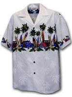 Pacific Legend メンズ ボーダーアロハシャツ [サーフボード/ホワイト/コットン]