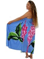 Pareo Island Torch Ginger Pink on Blue Premium Hand Printed Pareo Sarong