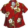 Pacific Legend Hibiscus Monstera Red Cotton Women&#39;s Fitted Hawaiian Shirt