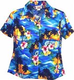 Pacific Legend Sunset Blue Cotton Women's Fitted Hawaiian Shirt