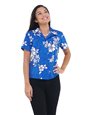 Pacific Legend White Hibiscus Blue Cotton Women&#39;s Fitted Hawaiian Shirt