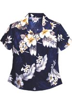 Pacific Legend Hibiscus Navy Cotton Women's Fitted Hawaiian Shirt