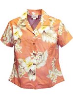Pacific Legend Hibiscus Peach Cotton Women's Fitted Hawaiian Shirt
