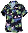 Pacific Legend Flamingos Black Cotton Women&#39;s Fitted Hawaiian Shirt
