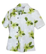 Pacific Legend Plumeria Lime Cotton Women's Fitted Hawaiian Shirt