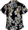 Pacific Legend Tropical Flowers Black Cotton Women&#39;s Fitted Hawaiian Shirt