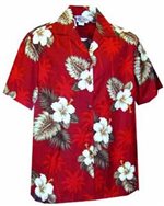 Pacific Legend Hibiscus Monstera Red Cotton Women's Hawaiian Shirt