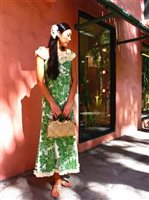 Royal Hawaiian Creations Hibiscus Panel Green Poly Cotton Hawaiian Nahenahe Ruffle Long Muumuu Dress