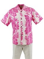 Royal Hawaiian Creations メンズ アロハシャツ [ハイビスカスパネル/ピンク/ポリコットン]