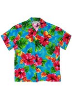 Two Palms Hibiscus Watercolor Blue Rayon Boys Hawaiian Shirt