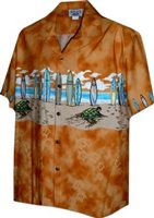 Pacific Legend Surfboard Orange Cotton Boys Junior Matched Front Hawaiian Shirt