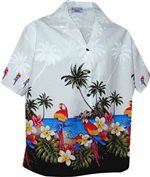 Pacific Legend Parrot White Cotton Women's Hawaiian Shirt