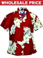 [Wholesale] Pacific Legend Hibiscus Red Cotton Women's Fitted Hawaiian Shirt