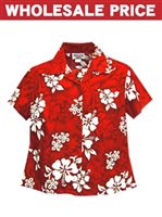 [Wholesale] Pacific Legend White Hibiscus Red Cotton Women's Fitted Hawaiian Shirt