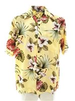 Royal Hawaiian Creations Hibiscus & Monstera Light Yellow Rayon Men's Hawaiian Shirt