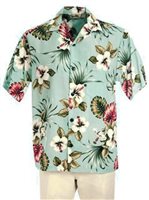 Royal Hawaiian Creations Hibiscus & Monstera Light Blue Rayon Men's Hawaiian Shirt
