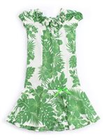 Royal Hawaiian Creations Hibiscus Panel/Green Girl's Ruffle Neck Long Muu Muu