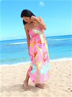 Plumeria Sun Tropical Pink Rayon Haku Wahine Long Makani Dress