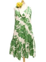 Royal Hawaiian Creations Hibiscus Panel Green PolyCotton Hawaiian Sleeveless Flare Midi Dress