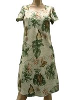 Paradise Found Monstera Orchid Beige Rayon Hawaiian A-Line with sleeves Short Dress