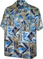 Pacific Legend メンズ アロハシャツ [サーフ&ホヌ/ネイビー/コットン]