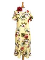 Royal Hawaiian Creations Hibiscus&Monstera Light Yellow Rayon Hawaiian Amber Sleeve Midi Dress