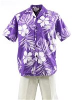 [Plus Size] Pacific Legend Hibiscus Purple Cotton Men's Hawaiian Shirt