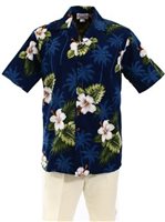 [Plus Size] Pacific Legend Hibiscus Monstera Navy Cotton Men's Hawaiian Shirt