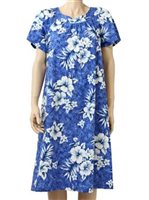 [Plus Size] Two Palms Crack Hibiscus Blue Cotton Hawaiian Midi Muumuu Dress