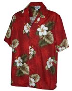 [Plus Size] Pacific Legend Hibiscus Monstera Red Cotton Men's Hawaiian Shirt