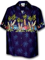[Plus Size] Pacific Legend Surfboard Navy Cotton Men's Hawaiian Shirt