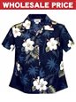 [Wholesale] Pacific Legend Hibiscus Navy Cotton Women&#39;s Fitted Hawaiian Shirt