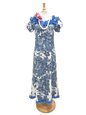 Royal Hawaiian Creations Hibiscus Panel Blue Poly Cotton Hawaiian Jenny Ruffle Long Muumuu Dress