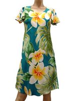 Paradise Found Plumeria Beauty Jade Rayon Hawaiian A-Line with sleeves Short Dress
