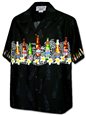 Pacific Legend Tapa Plumeria Beer Bottles  Black Cotton Men&#39;s Border Hawaiian Shirt