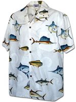 Pacific Legend Fish White Cotton Men's Hawaiian Shirt