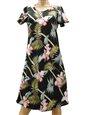 Paradise Found Orchid Bamboo Black Rayon Hawaiian A-Line with sleeves Short Dress