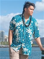 Paradise Found Tahitian Gardenia Teal Rayon Men's Hawaiian Shirt