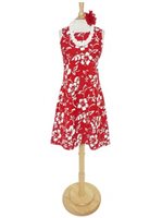 Hilo Hattie Classic Hibiscus Pareo Red Cotton Short Sleeveless Bias Dress