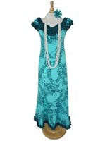 Princess Kaiulani Tube Rose Aqua&Teal Poly Cotton Hawaiian Frill Sleeve Long Dress