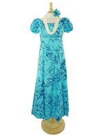Princess Kaiulani Kukui Aqua&Teal Poly Cotton Hawaiian Puff Sleeve Long Dress