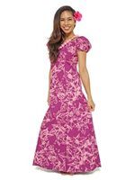 Princess Kaiulani Kukui Burgundy&Pink Poly Cotton Hawaiian Puff Sleeve Long Dress