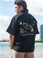 Bamboo Cay メンズアロハシャツ [ハワイアンアイランド/ブラック/モダール/ポリエステル]