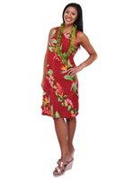 Hilo Hattie Bird of Paradise Panel Red Rayon Hawaiian Short Bias Dress